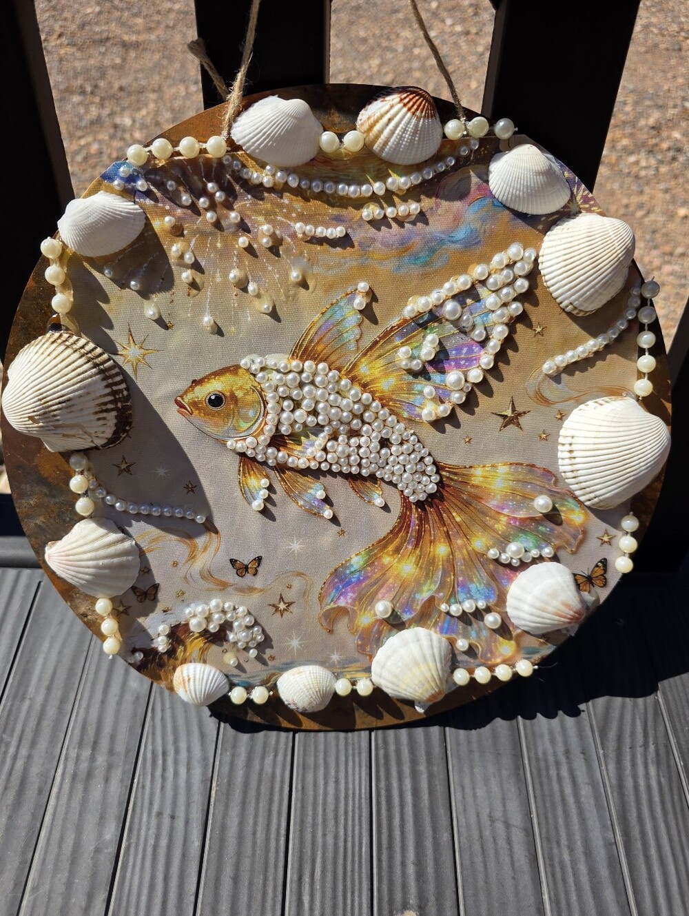 Hand Crafted Gold and Pearl Embellished Fish Wall Art